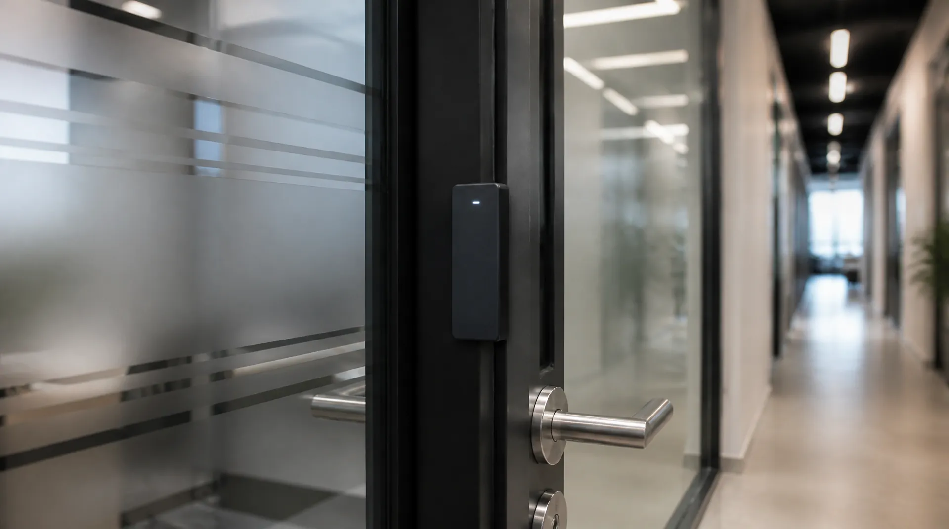 Slim matte-black badge reader with a single indicator light mounted on the frame of a glass office door in a modern corridor.