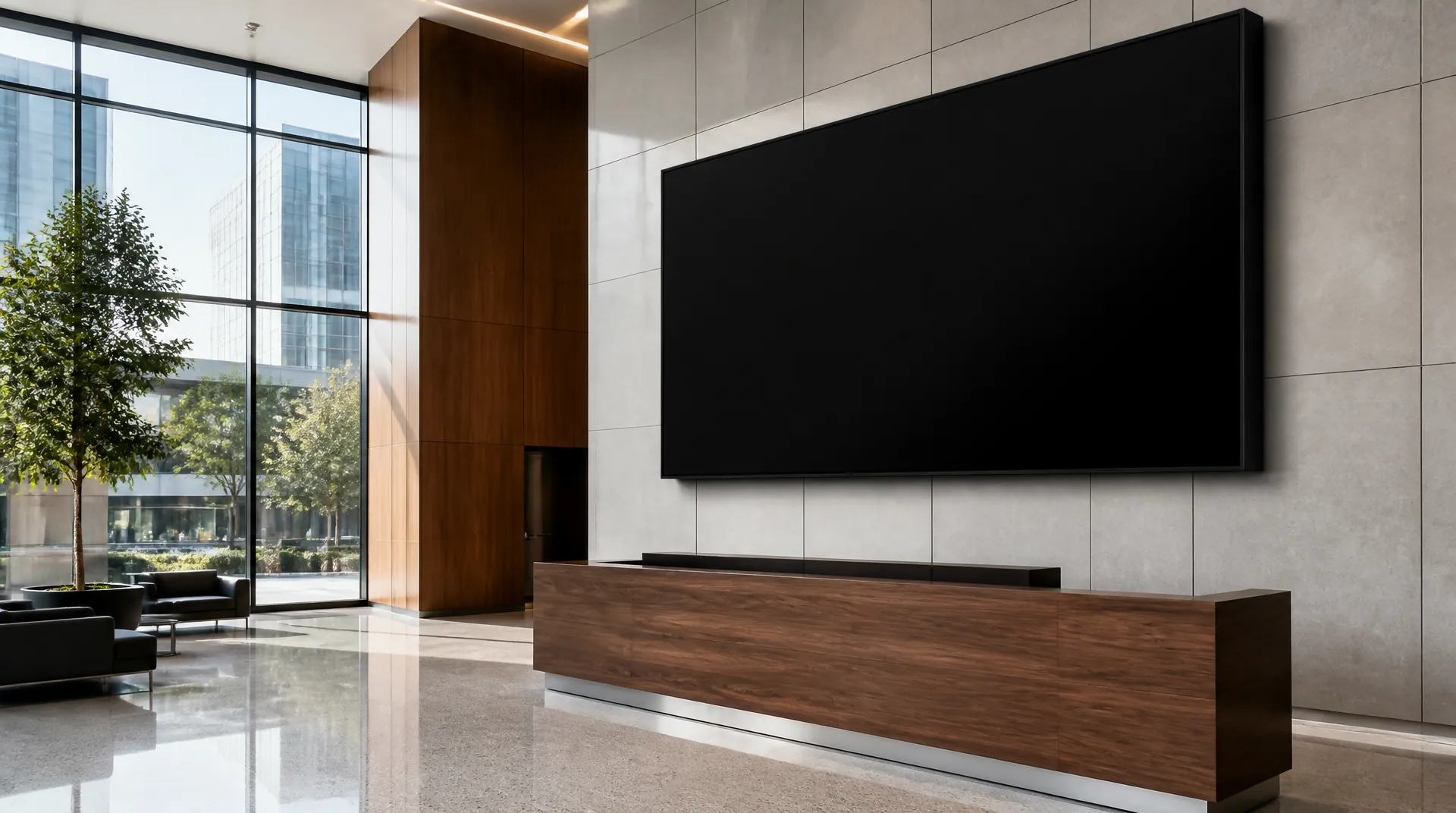 Corporate lobby with a very large wall-mounted display switched off above a walnut reception desk, beside a full-height glass curtain wall.
