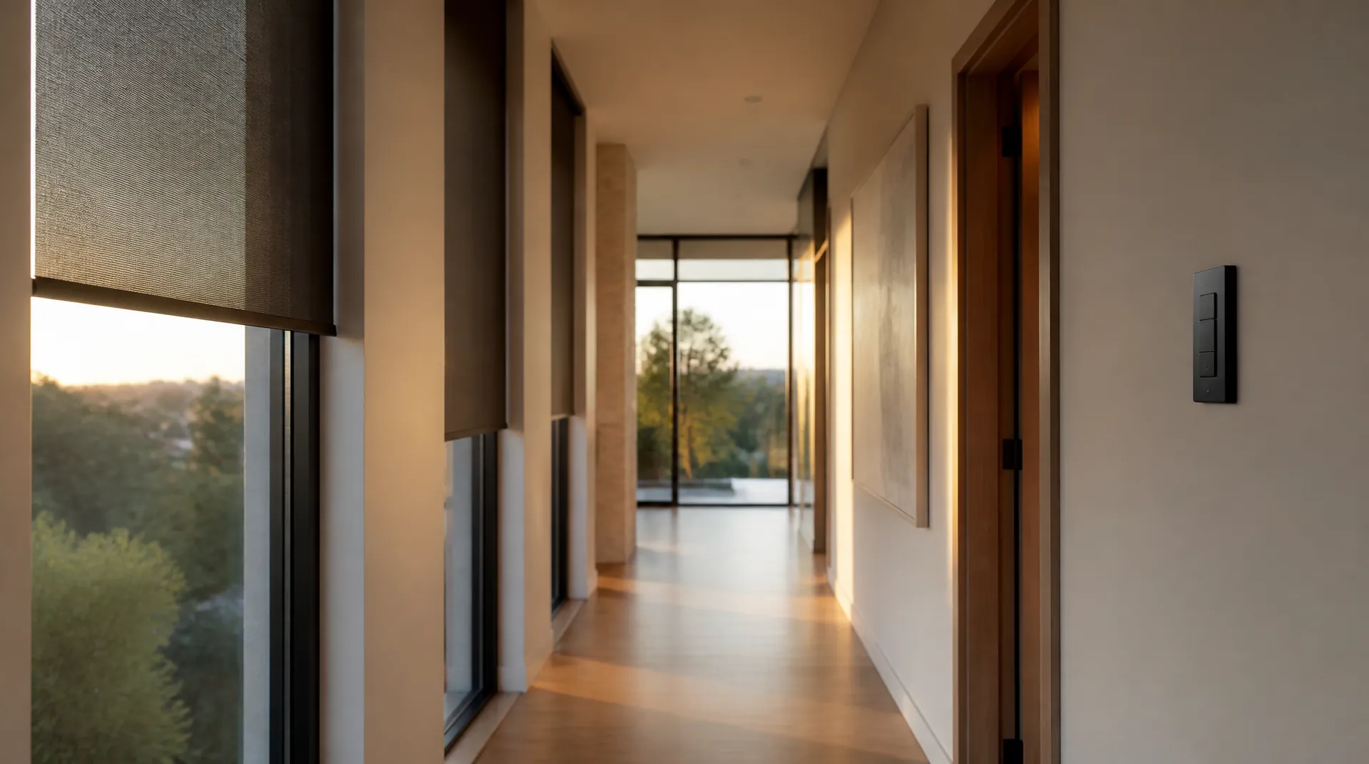 Hallway in a modern home at golden hour with a slim wall keypad beside a doorway and motorised roller shades partly lowered over tall windows.